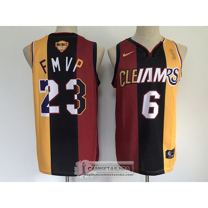 Camiseta Los Angeles Lakers Lebron James NO 6 23 2020 FMVP Heat Cavaliers Split Dual Number Rojo Oro
